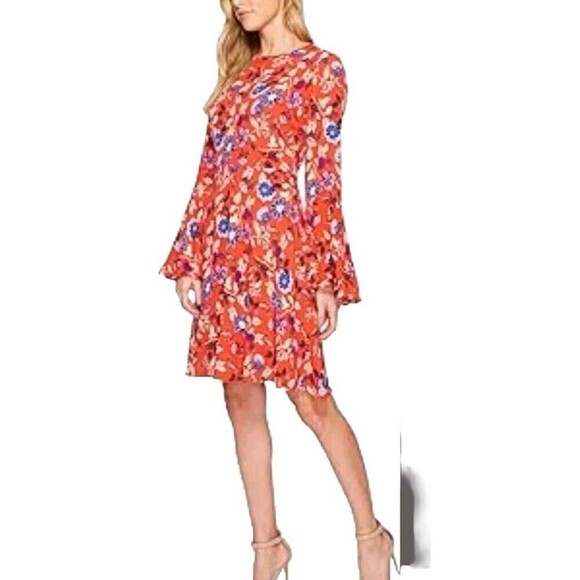 Donna Morgan Dress ASO Wendy Size 16 Red Poppy Comb Floral Print Bell Sleeve New - Picture 1 of 14